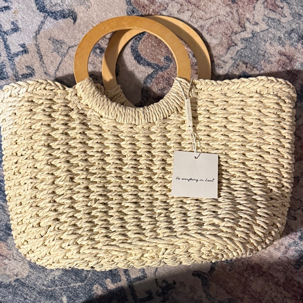 Do Everything in Love Natural Woven Tote with Wooden Handles